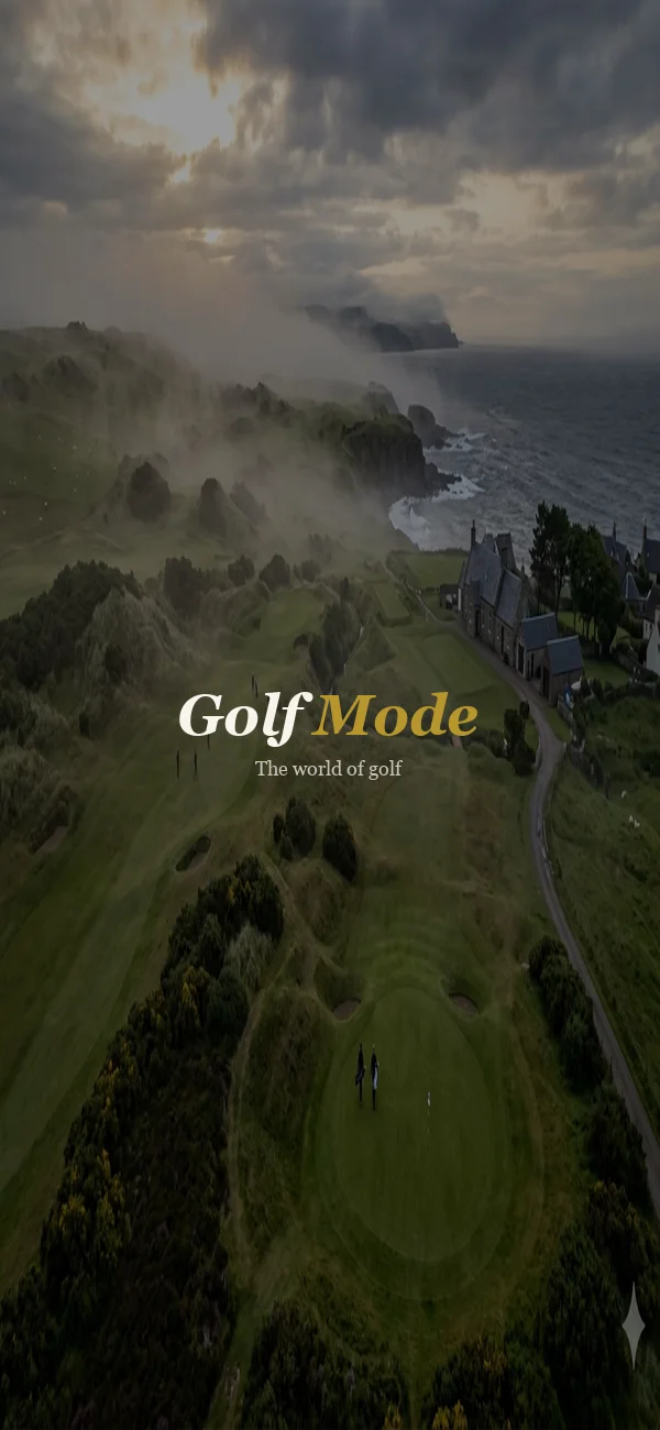 GolfMode app splash screen showing a links golf course at dawn
